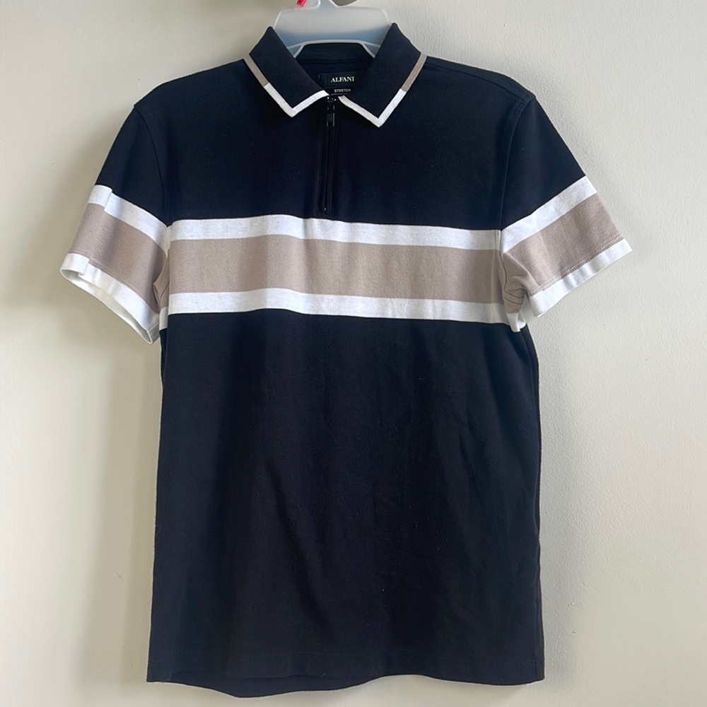 White cream tan black collared shirt great for casualwear zipper in the front